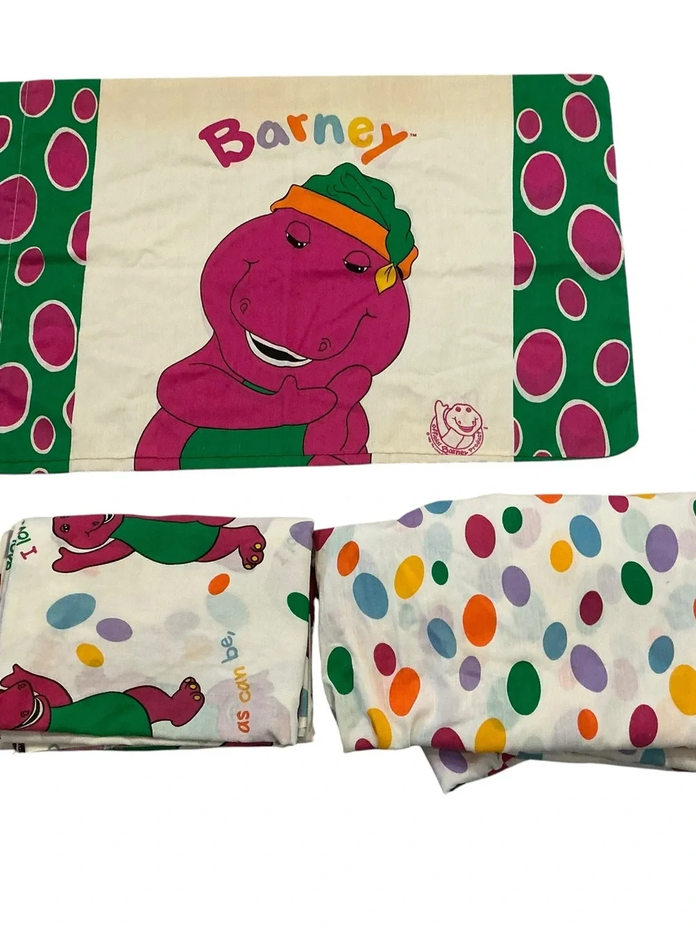Vtg 1992 Barneys purple dinosaur twin size bed sheet flat ,fitted and pillowcase